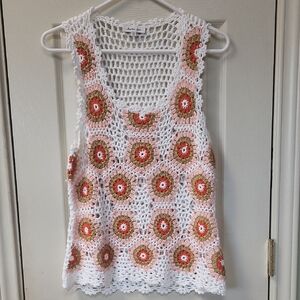 Another Love White Crochet Tank with Pink and Olive Motifs